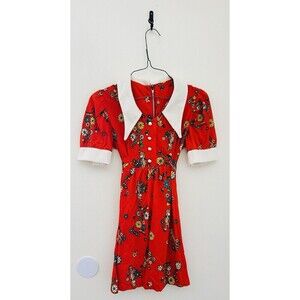 VTG 70s Retro Daisy Native American Print White Wing Collared Girls Red Dress